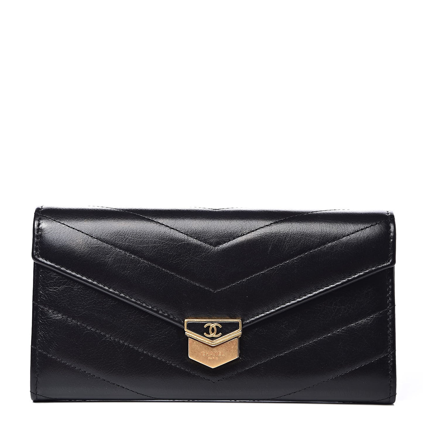 Calfskin Chevron Quilted Medal Flap Wallet Black
