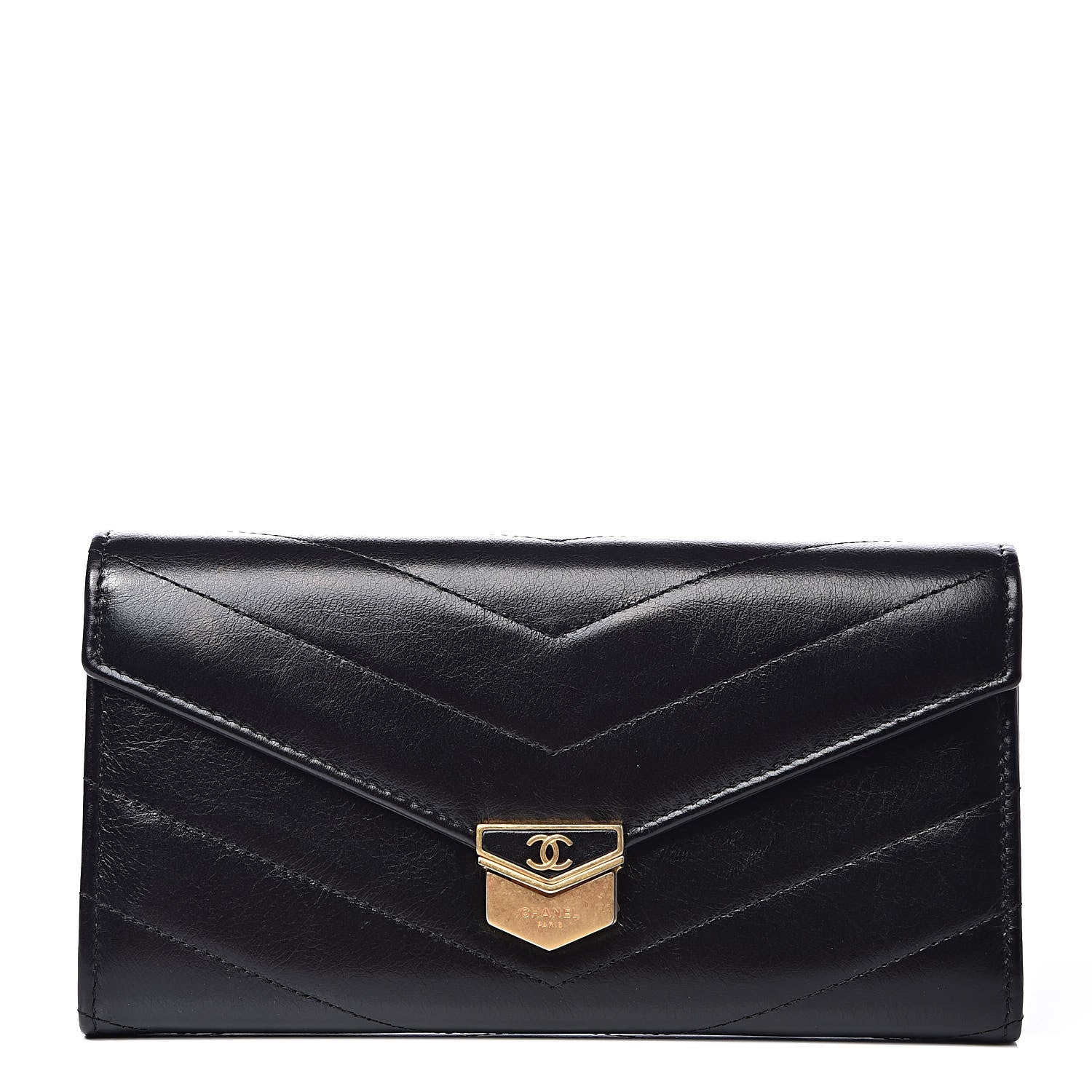 Chanel Calfskin Chevron Quilted Medal Flap Wallet Black 1 of 11