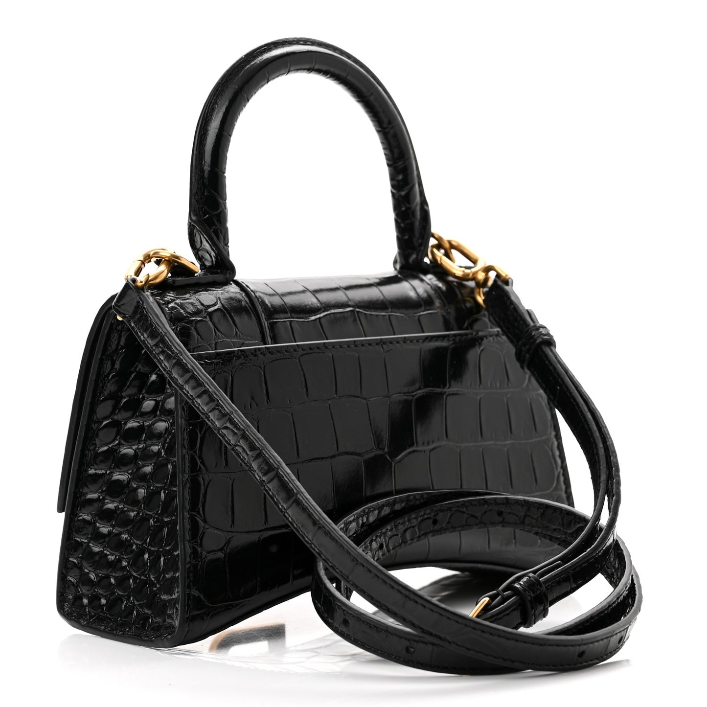 Shiny Calfskin Crocodile Embossed Hourglass Top Handle Bag XS Black