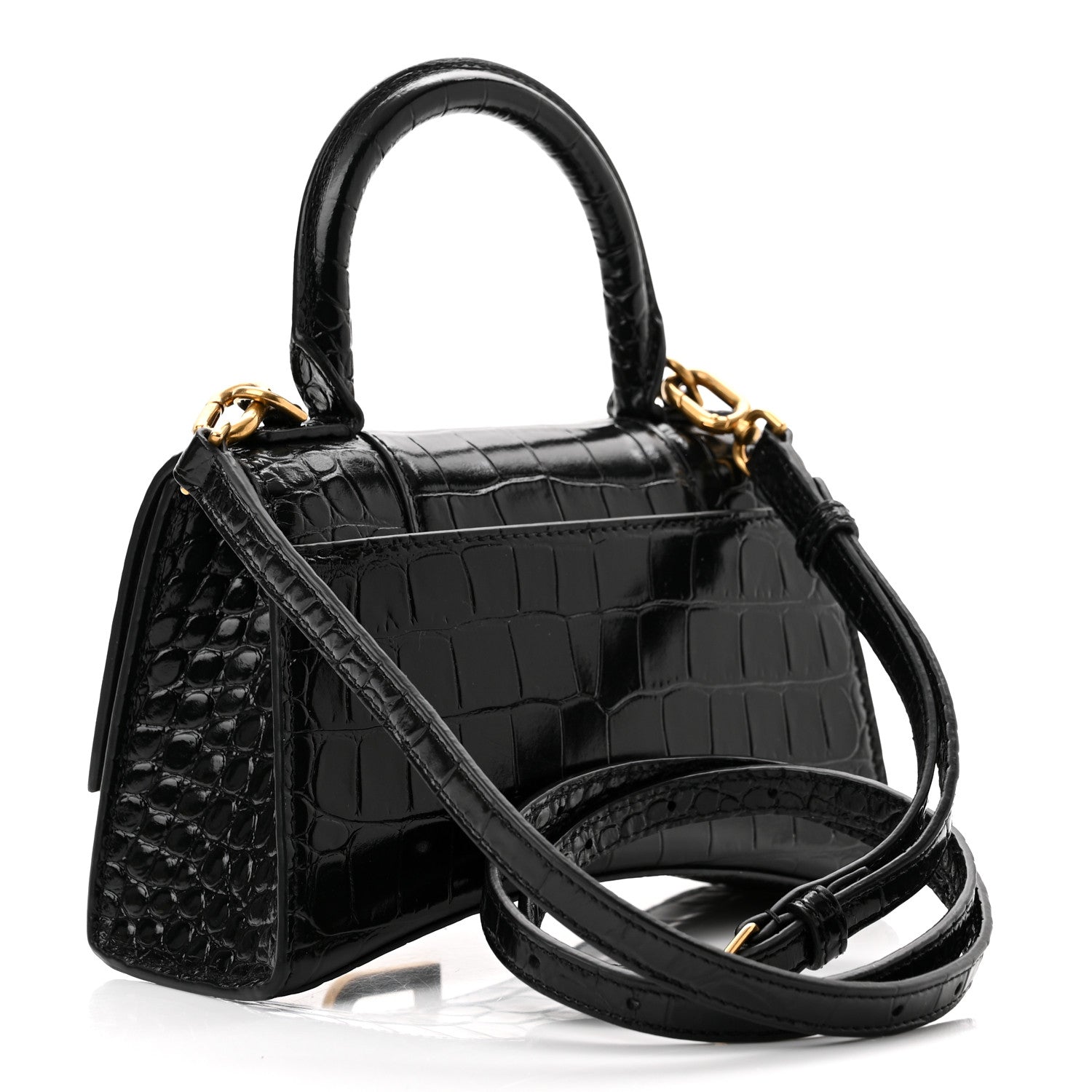 Balenciaga Shiny Calfskin Crocodile Embossed Hourglass Top Handle Bag XS Black 3 of 11