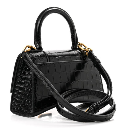 Balenciaga Shiny Calfskin Crocodile Embossed Hourglass Top Handle Bag XS Black 3 of 11
