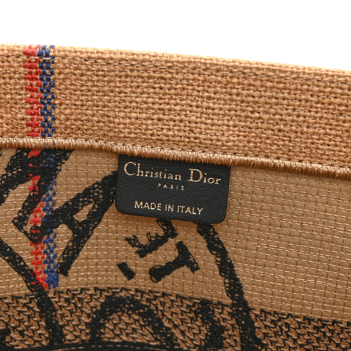 Canvas Jute Embroidered Medium Book Tote Black Beige