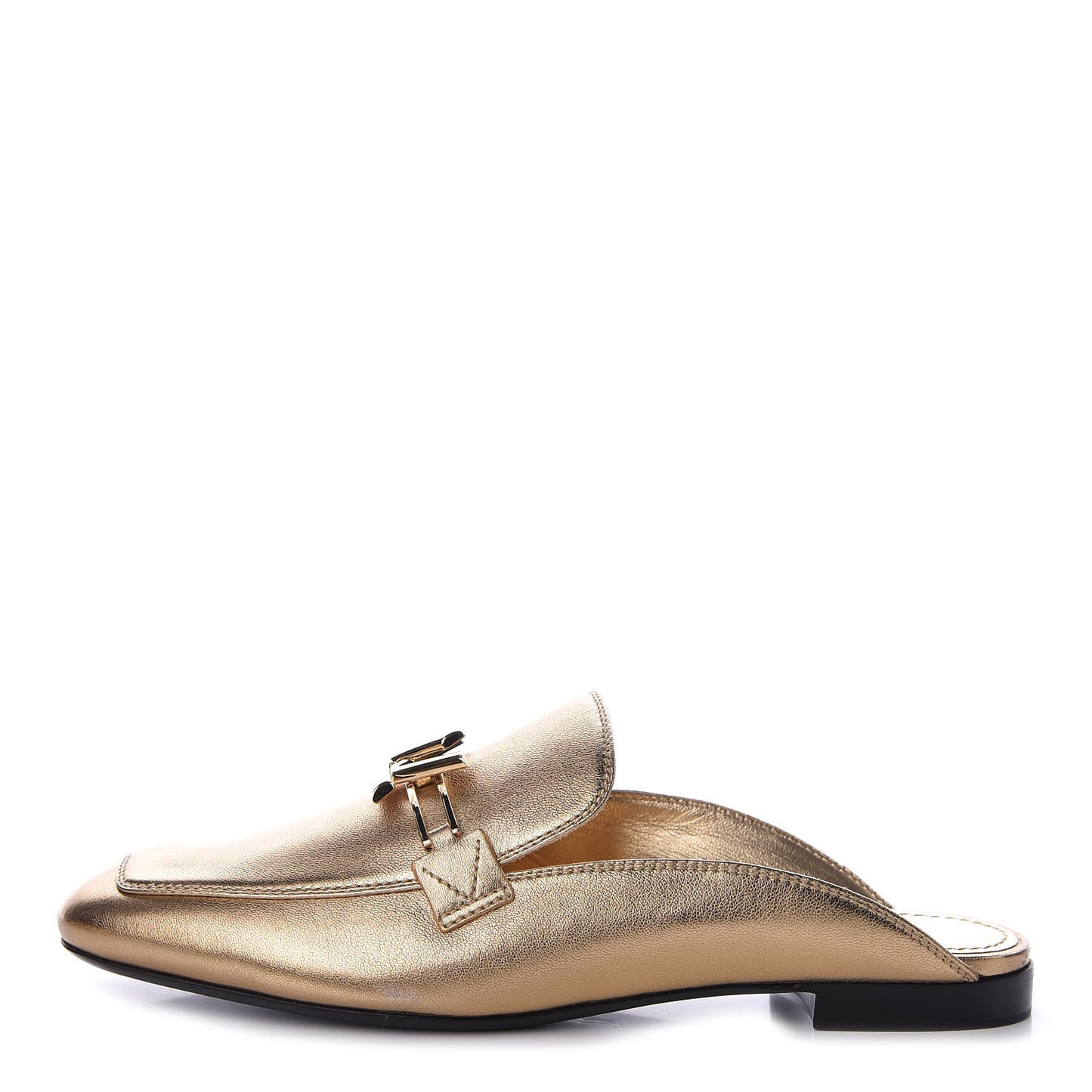 Metallic Lambskin Upper Case Open Back Flat Loafer 38 Gold