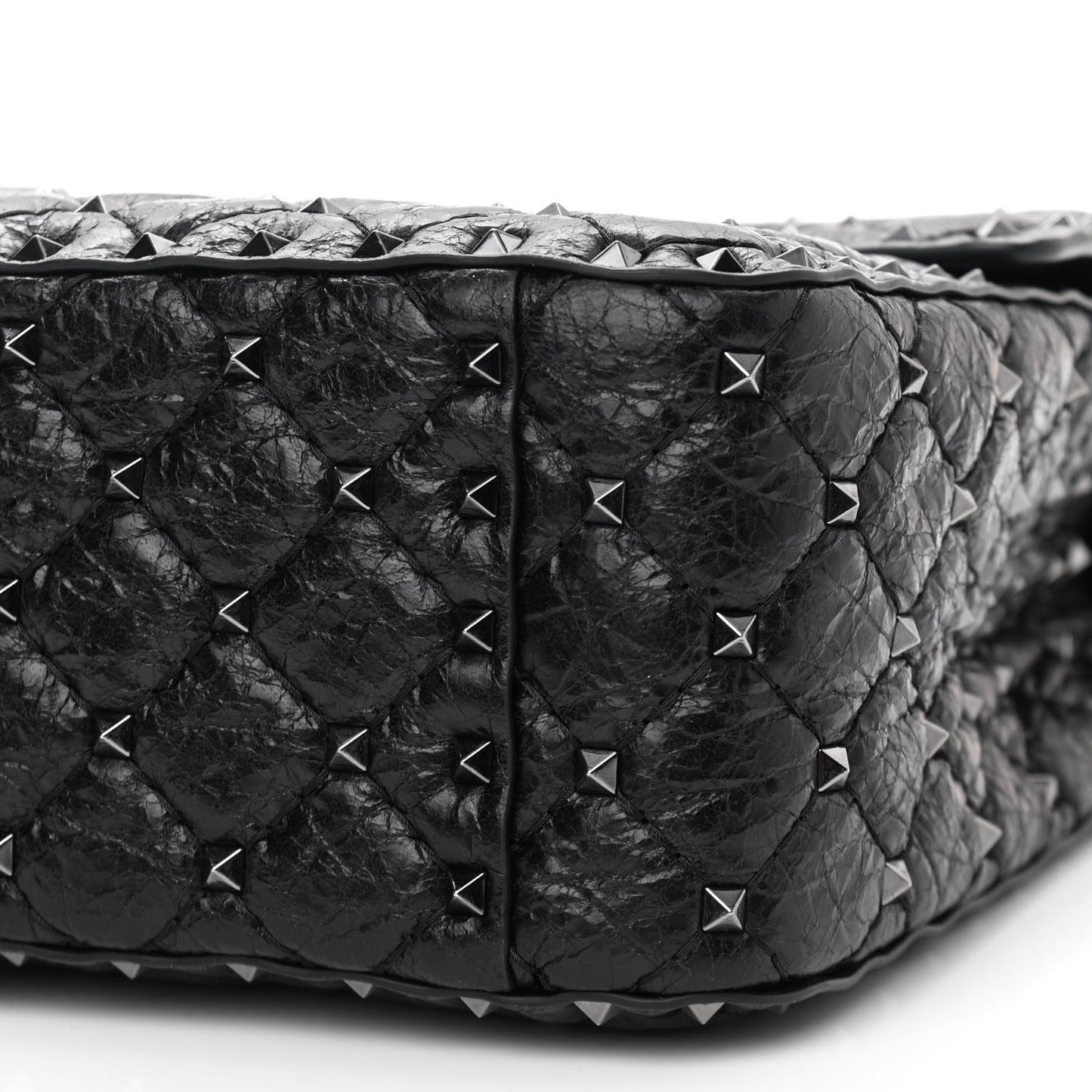 Craquele Nappa Large Rockstud Spike Shoulder Bag Black