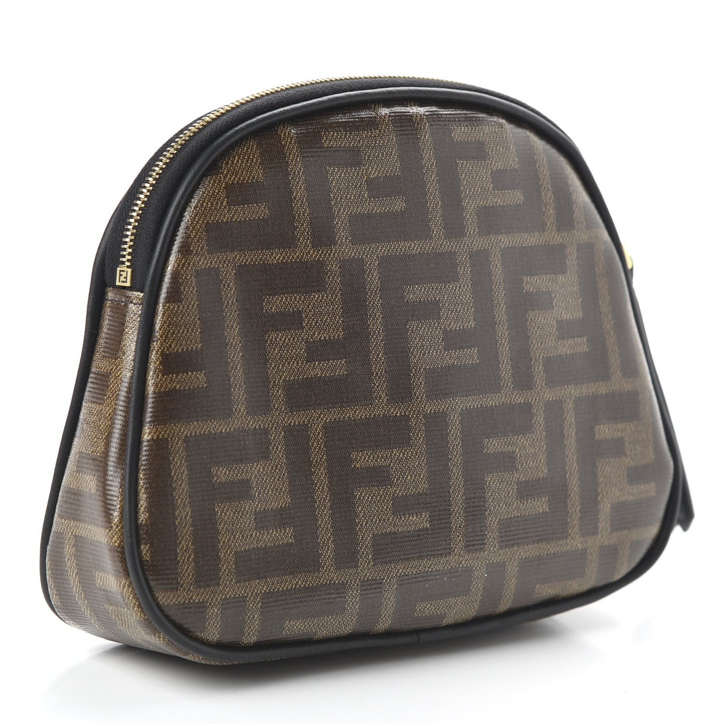 Glazed Fabric Vitello Century FF 1974 Stamp Patch Medium Cosmetic Case Mogano Panna Black