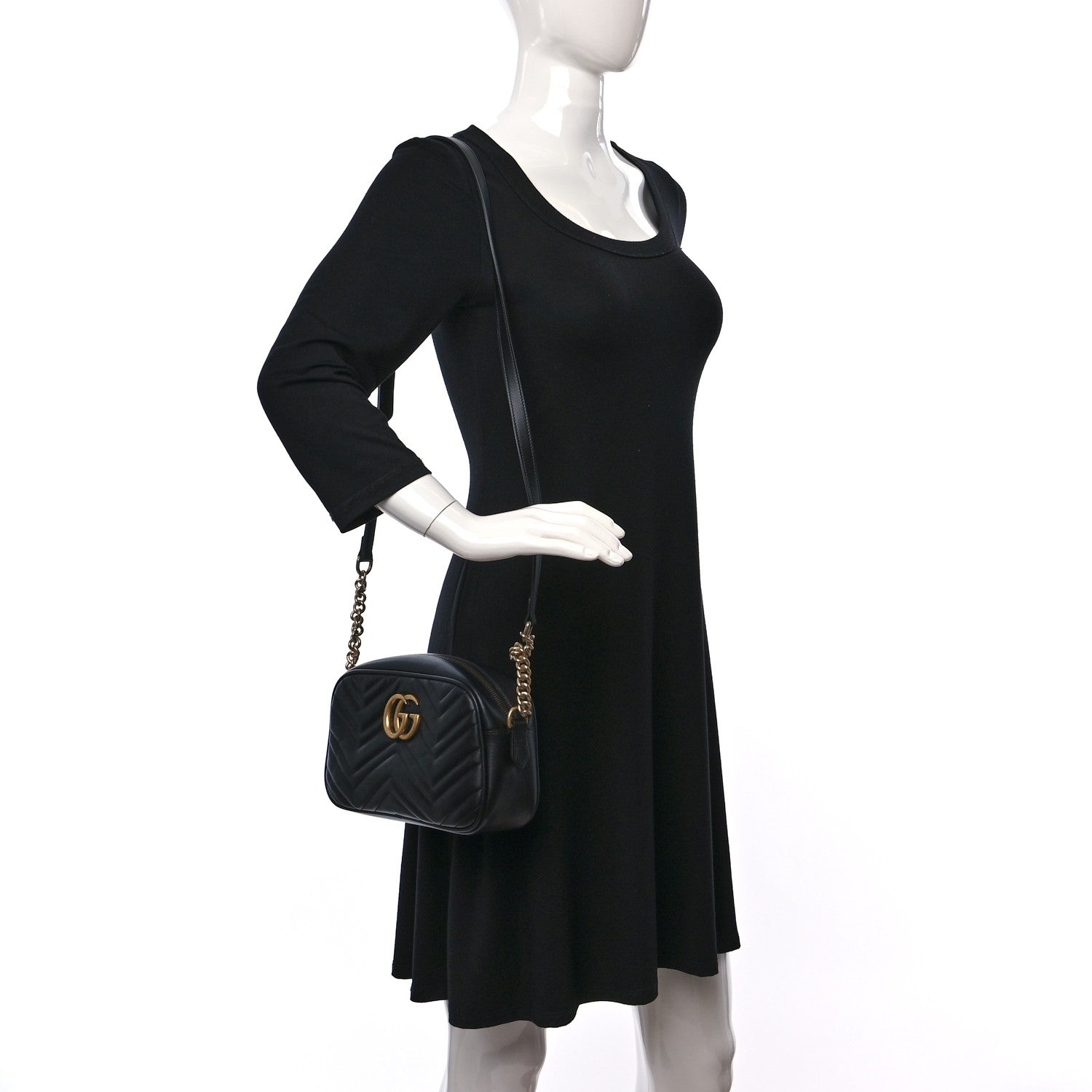 Gucci Calfskin Matelasse Small GG Marmont Chain Shoulder Bag Black 2 of 9