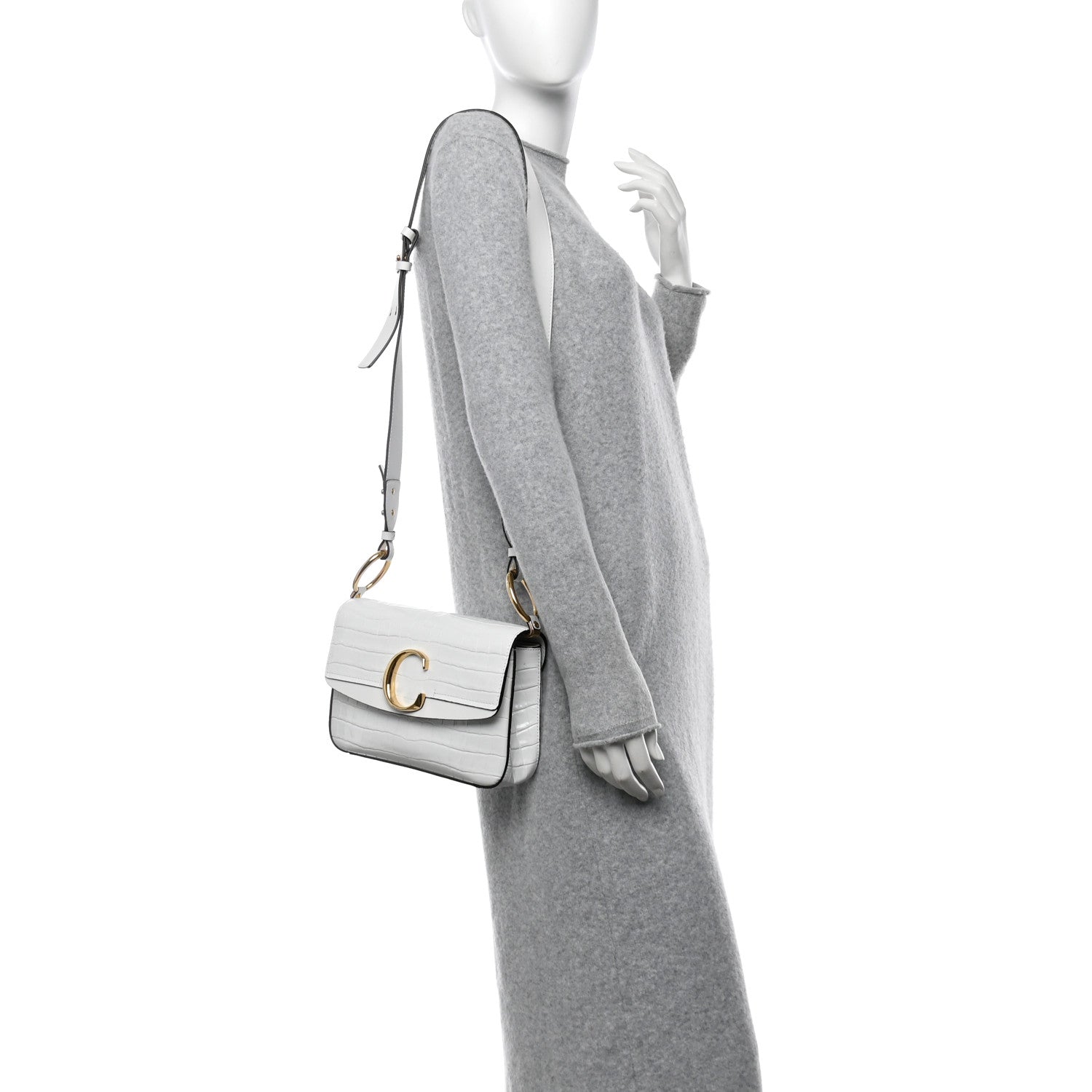 Chloe Calfskin Crocodile Embossed Small C Double Carry Bag Brilliant White 2 of 11