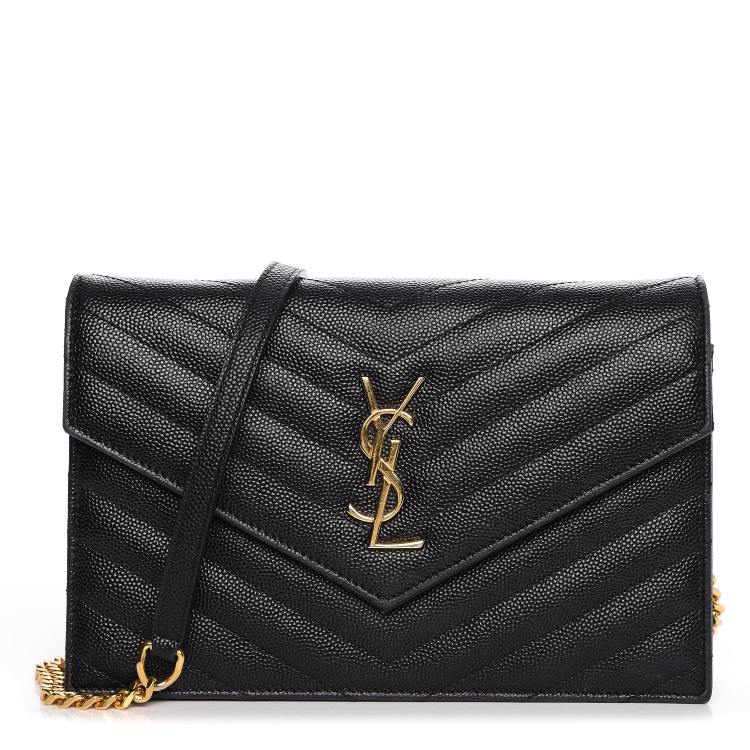 Saint Laurent Grain De Poudre Matelasse Chevron Monogram Envelope Chain Wallet Black 1 of 9