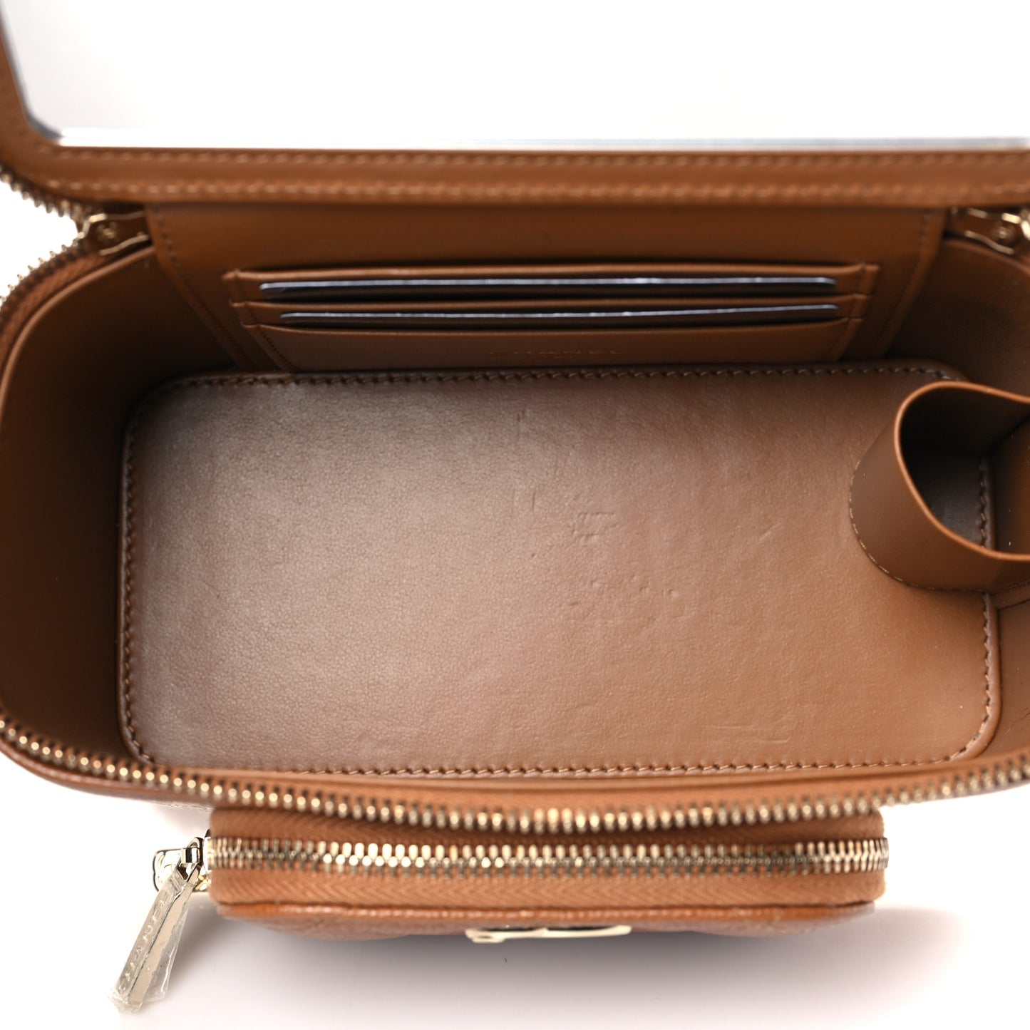 Caviar Quilted Top Handle Pocket Vanity Case Camel