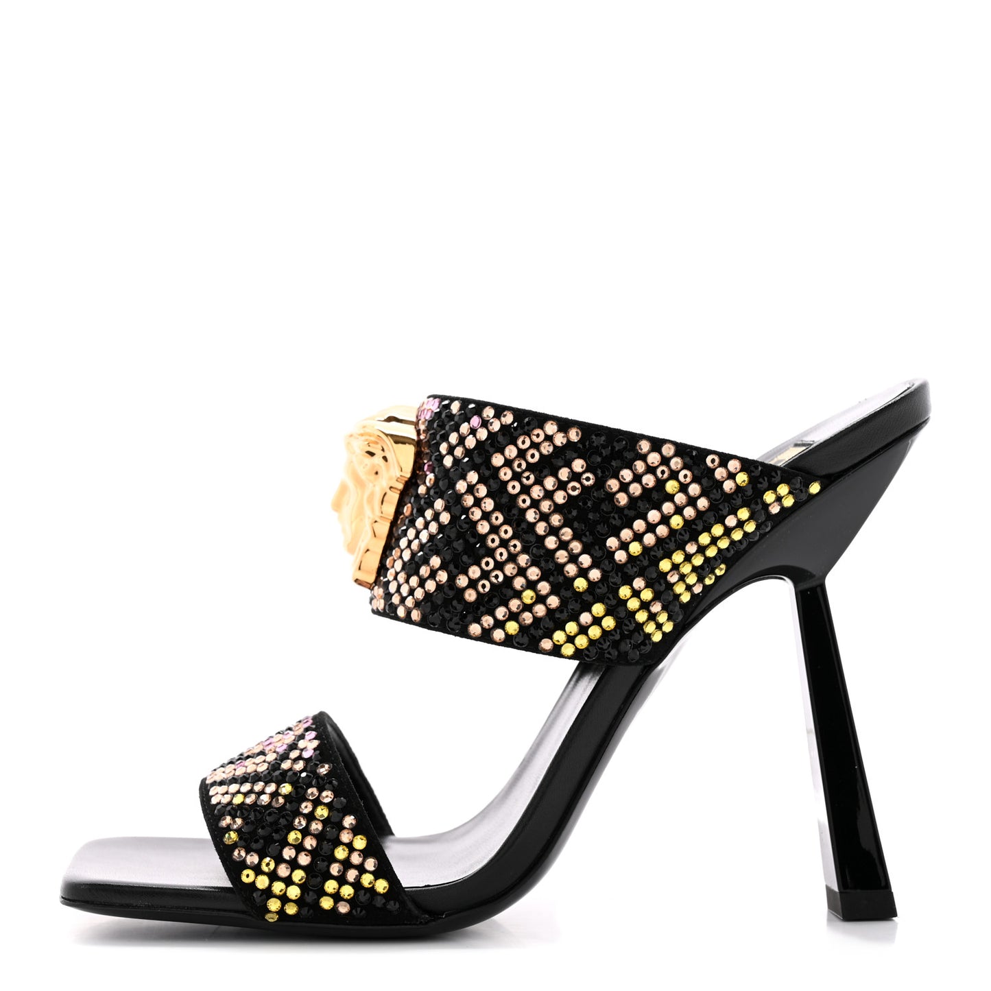 X FENDI Calfskin Crystal Fendace FF Medusa High Heel Mule Sandals 36 Black Multicolor