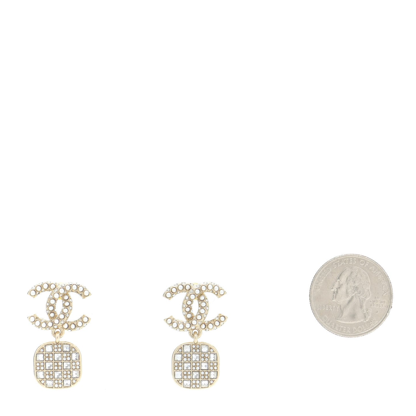 Pearl Baguette Crystal CC Drop Earrings Gold