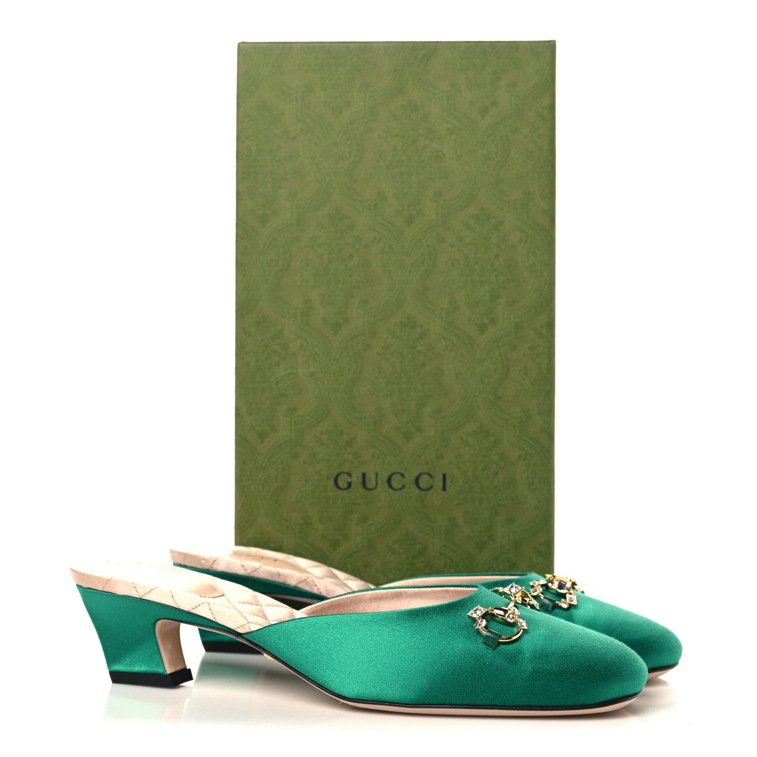 Gucci Silk Satin Crystal Embellished Horsebit Mules 38.5 Shamarock Emerald 9 of 9