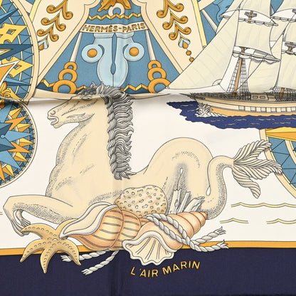 Hermes Silk L'Air Marin Scarf 90 Blue Gold 5 of 5