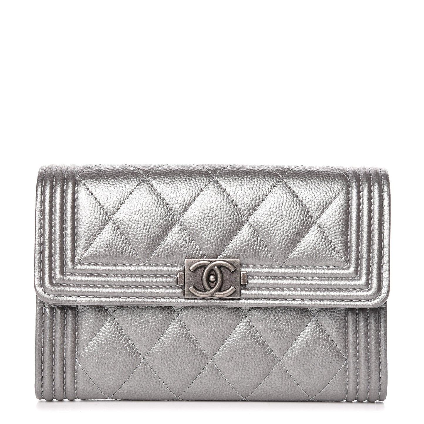 Metallic Caviar Quilted Medium Boy Flap Wallet Silver