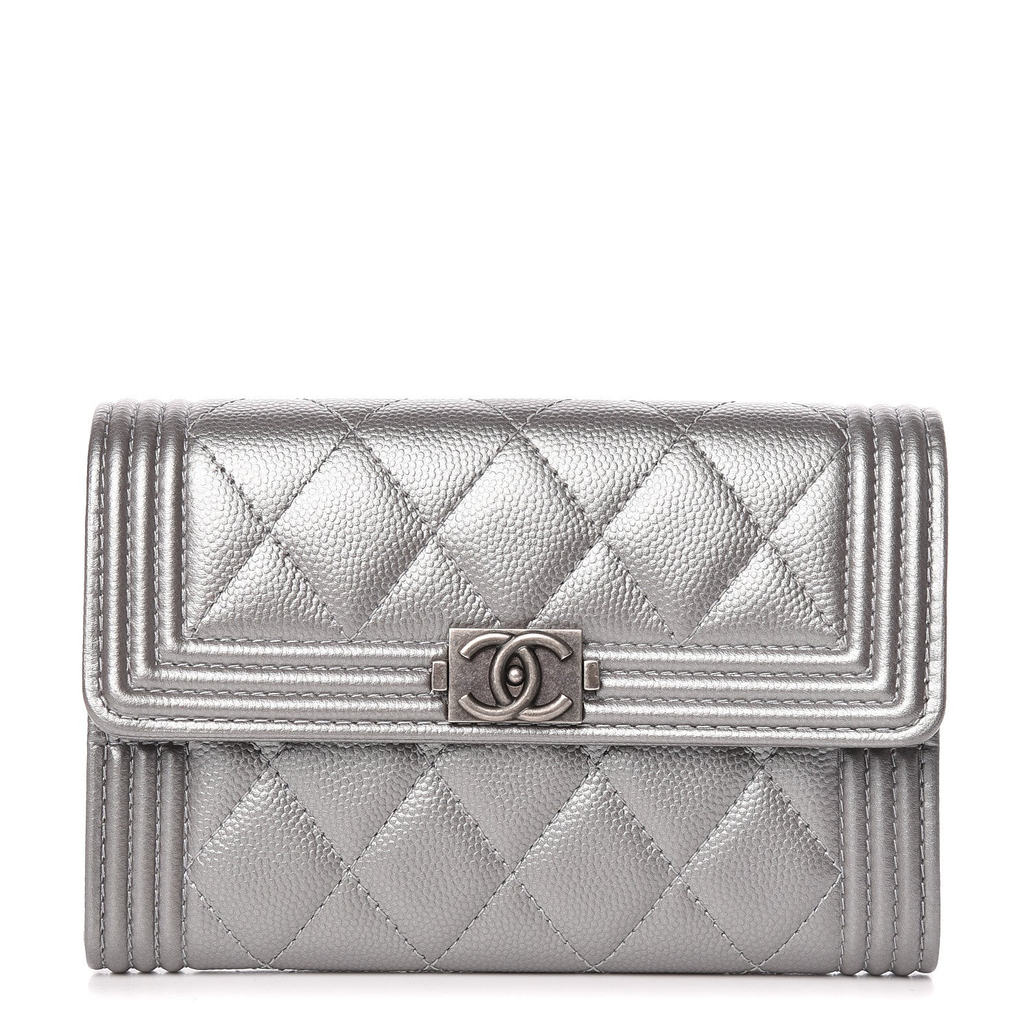 Chanel Metallic Caviar Quilted Medium Boy Flap Wallet Silver 1 of 10