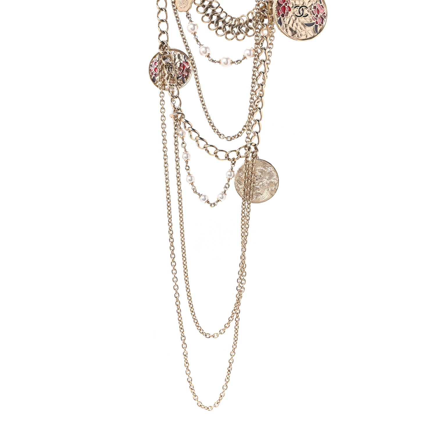 Chanel Resin Pearl Metal CC Camellia Multi Strand Chain Necklace Pink Gold 1 of 4