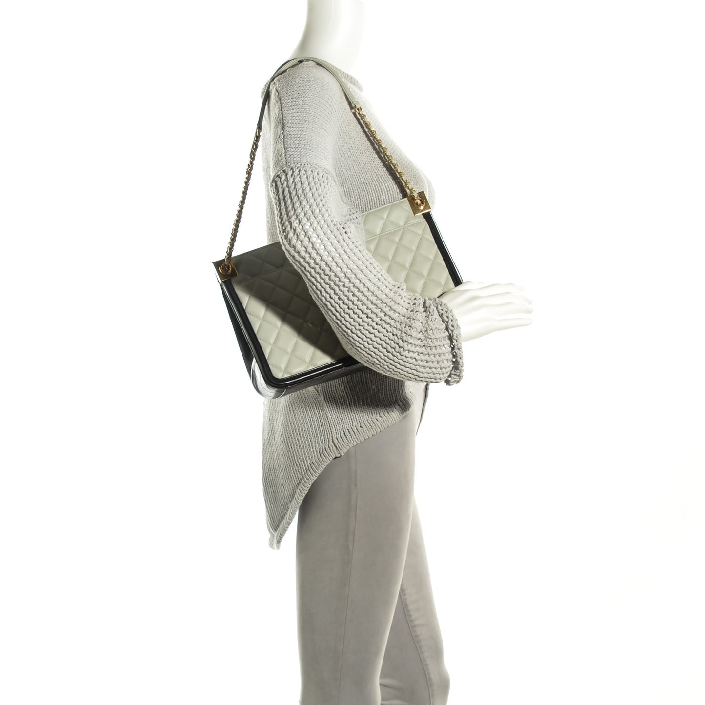 Calfskin Quilted Elegant CC Large Shopping Tote Grey Black
