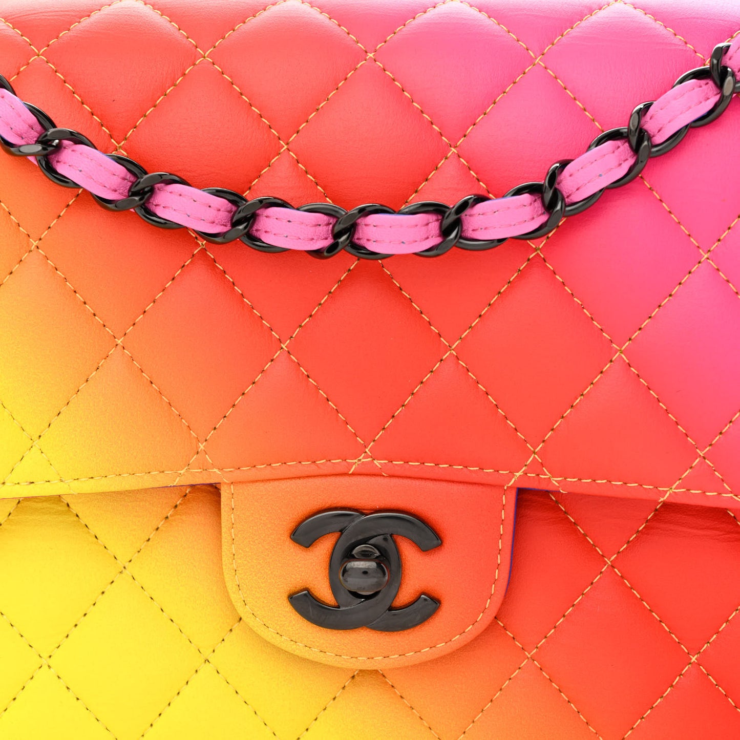 Calfskin Quilted Medium Rainbow Double Flap Multicolor