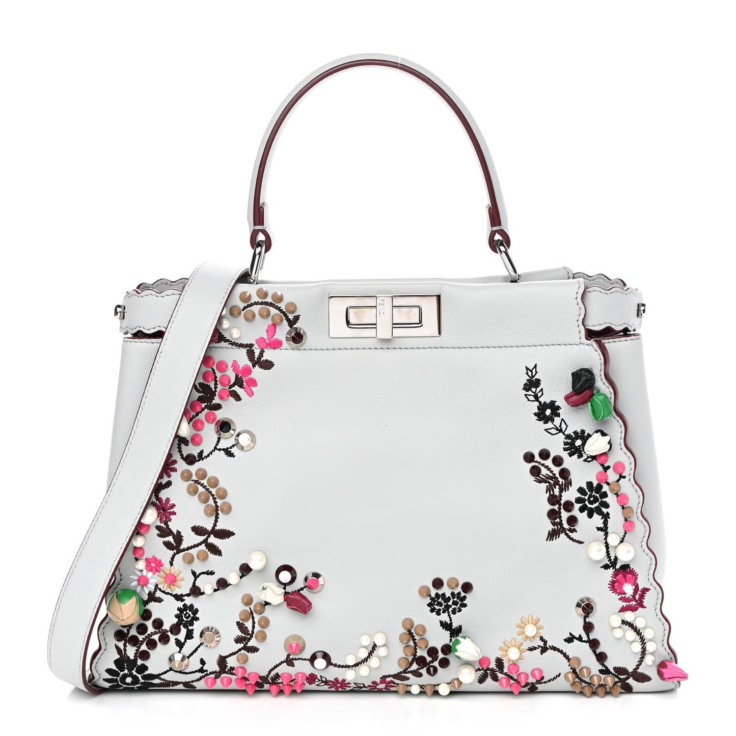 Vitello Seta Shiny Nappa Pearl Scalloped Studded Floral Embroidered Medium Peekaboo Iconic Satchel Grigio Perla Multicolor