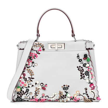 Fendi Vitello Seta Shiny Nappa Pearl Scalloped Studded Floral Embroidered Medium Peekaboo Iconic Satchel Grigio Perla Multicolor 1 of 9