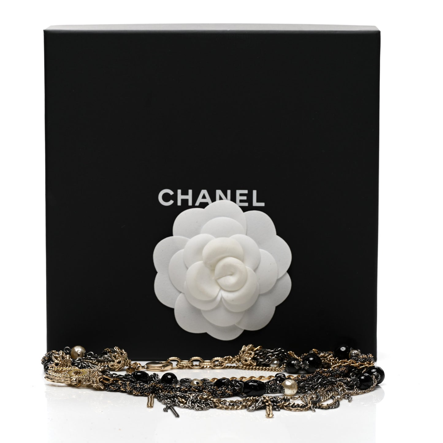 Pearl Bead Chain CC Multi Strand Necklace Gold Ruthenium Black
