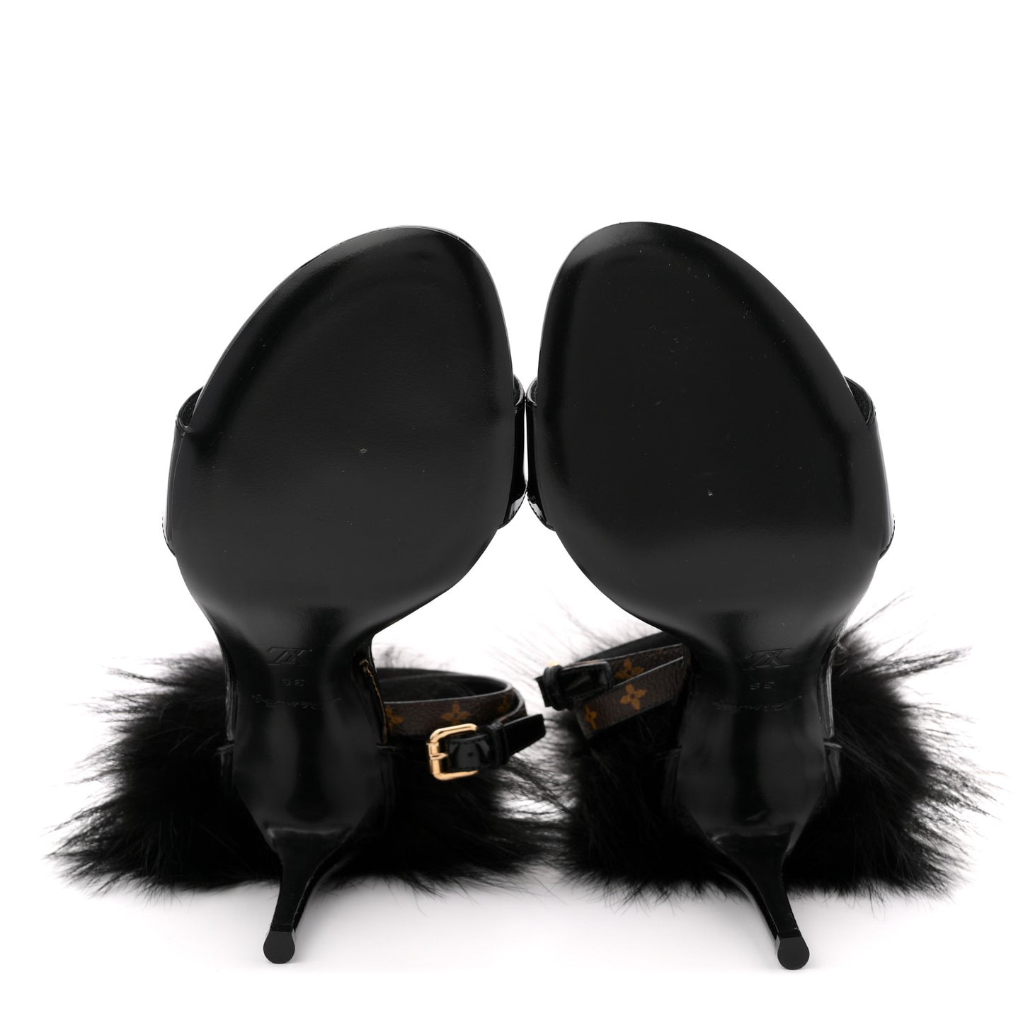Monogram Patent Fur Sandals 38 Black