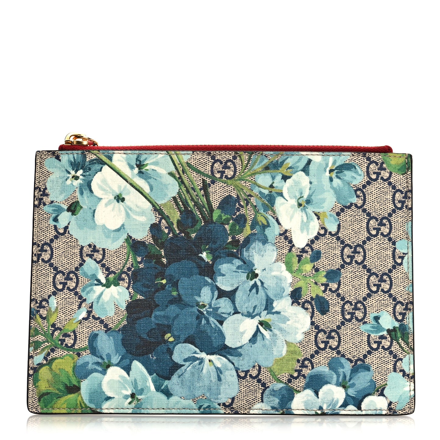 GG Supreme Monogram Blooms Small Zip Pouch Beige Blue Hibiscus Red