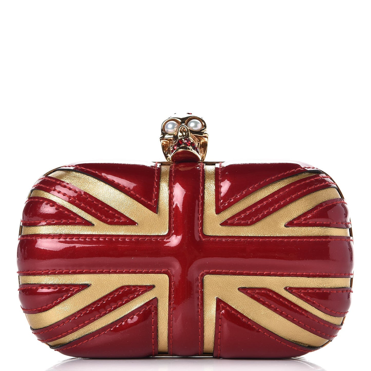 Patent Calfskin Britannia Skull Box Clutch Red Gold
