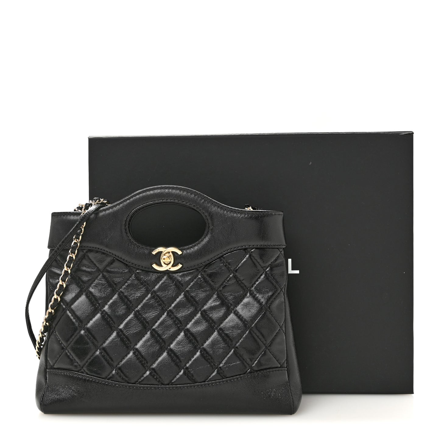 Shiny Crumpled Calfskin Quilted Mini 31 Shopping Bag Black