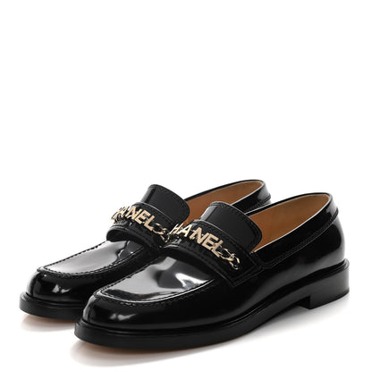Chanel Shiny Calfskin Logo Loafers 38 Black 3 of 15