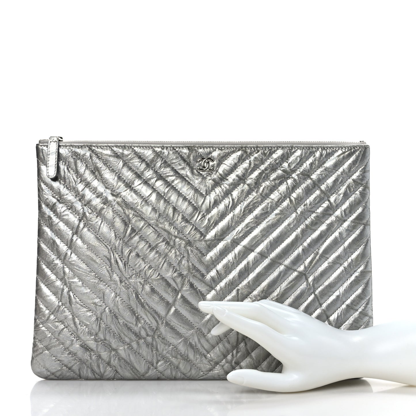 Metallic Crumpled Calfskin Chevron Quilted Large Cosmetic Case Silver