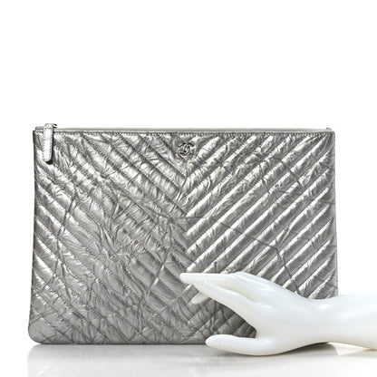Chanel Metallic Crumpled Calfskin Chevron Quilted Large Cosmetic Case Silver 2 of 9