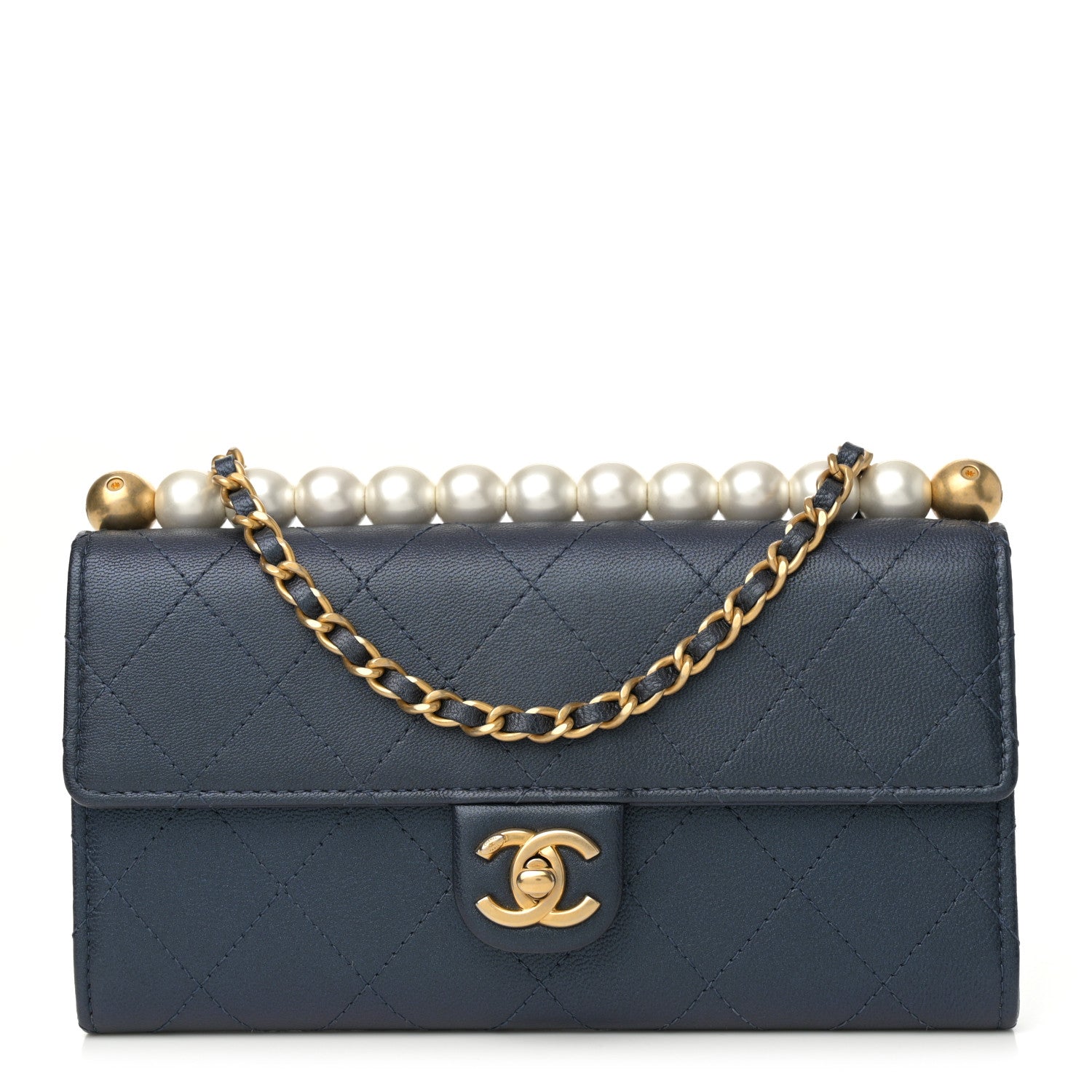 Chanel Goatskin Quilted Chic Pearls Clutch With Chain Navy 1 of 11