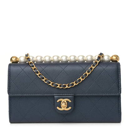 Chanel Goatskin Quilted Chic Pearls Clutch With Chain Navy 1 of 11