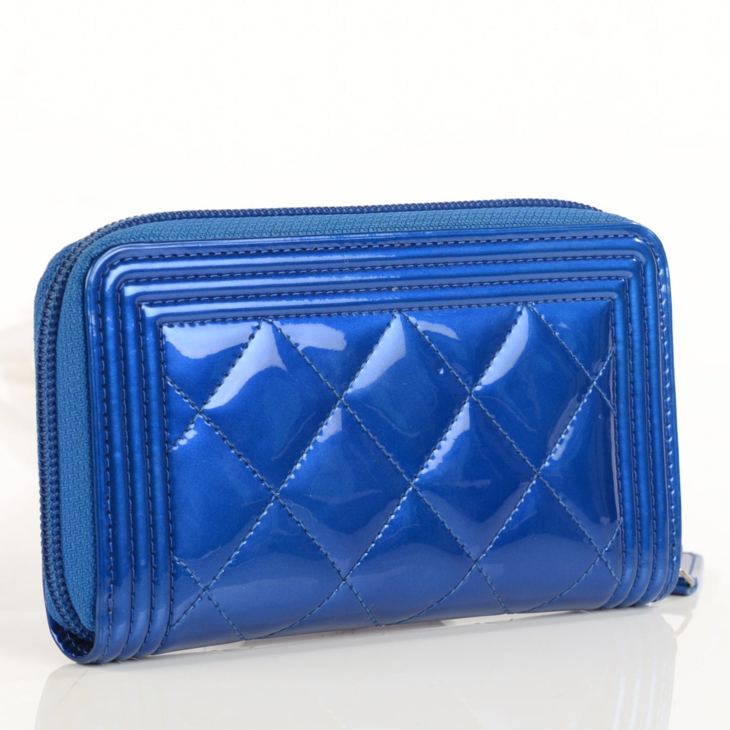 Metallic Patent Quilted Boy Zip Around Wallet Blue