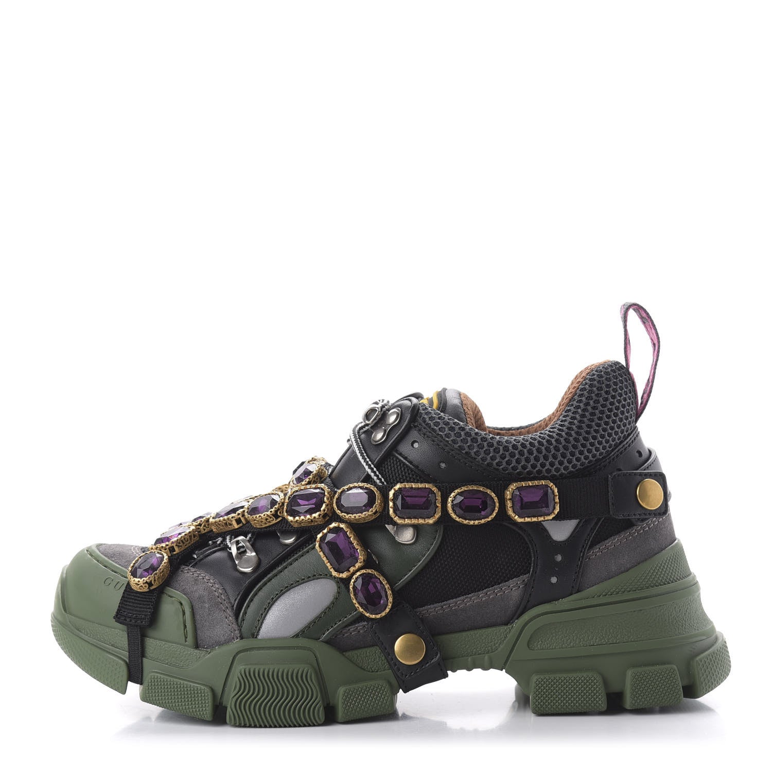 Gucci X SEGA Mesh Suede Calfskin Removable Crystals Flashtrek Sneakers 38 Loess Black Olive Green 1 of 8