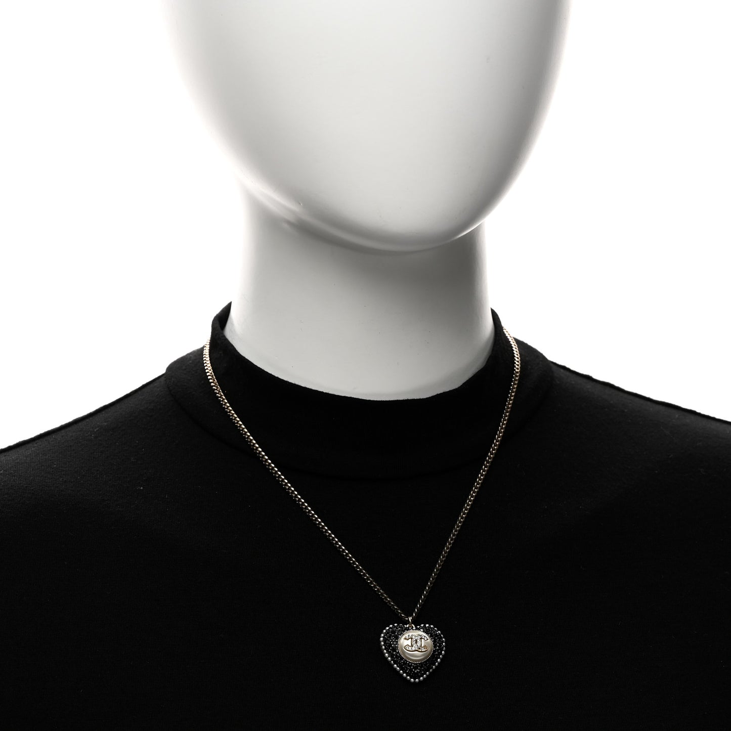 Pearl Crystal CC Heart Necklace Gold Pearly White Black