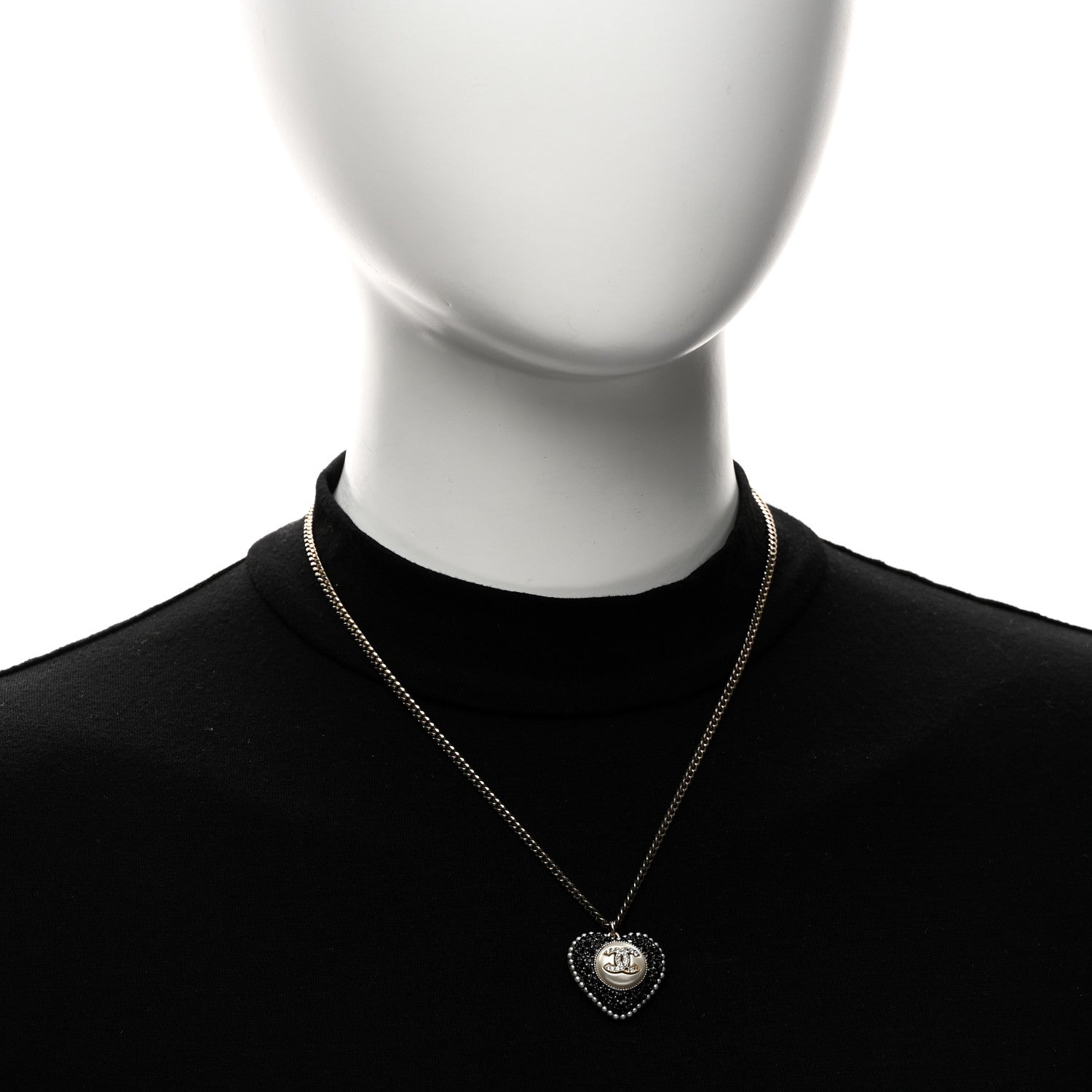 Chanel Pearl Crystal CC Heart Necklace Gold Pearly White Black 2 of 5