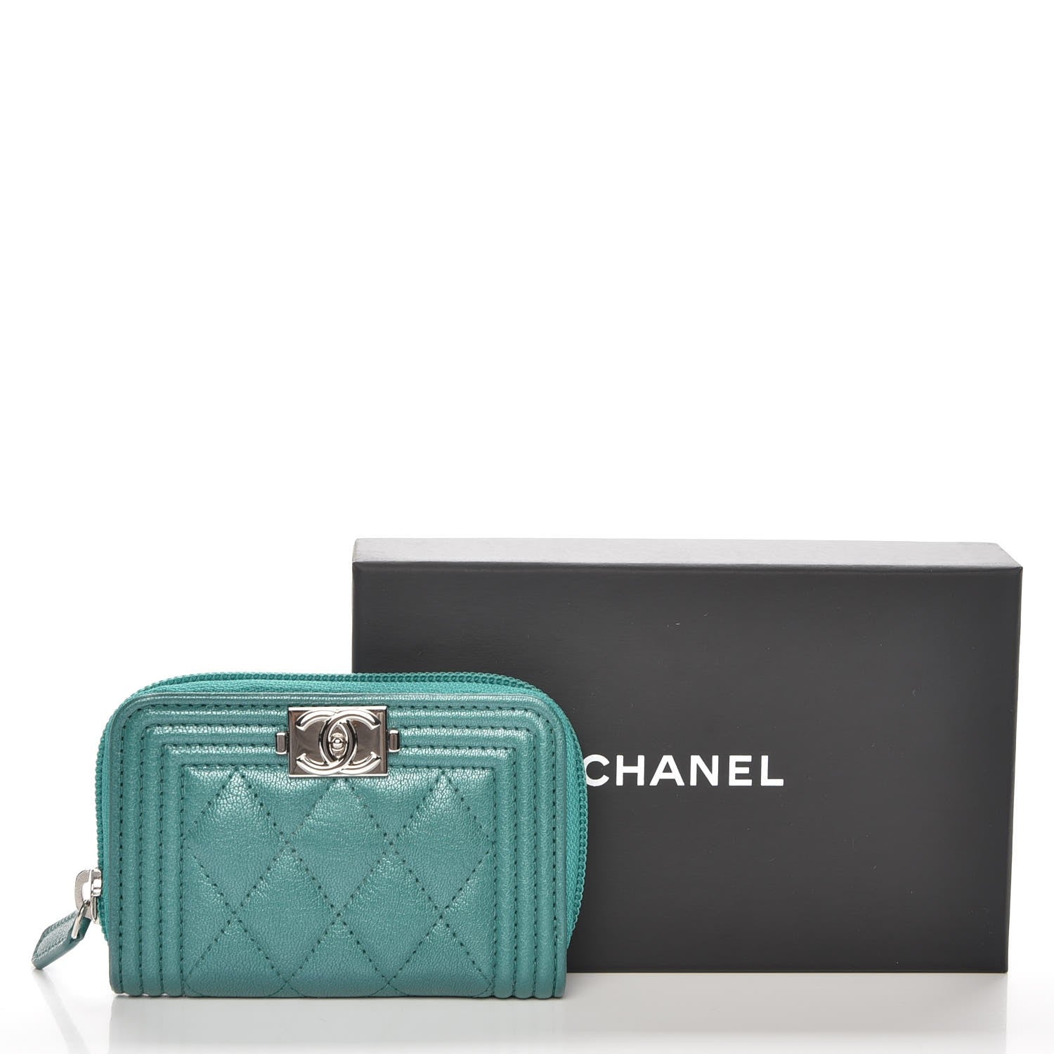 Chanel Metallic Goatskin Quilted Boy Zip Around Coin Purse Wallet Turquoise 8 of 8