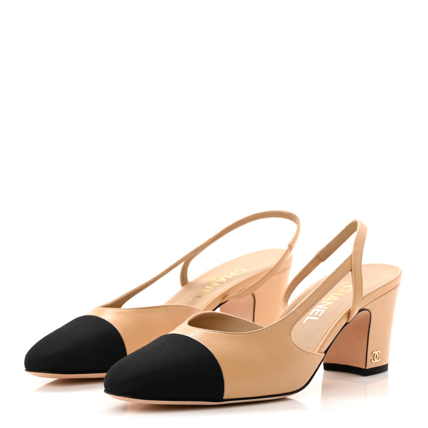 Goatskin Grosgrain Cap Toe CC Slingback Pumps 39 Beige Black