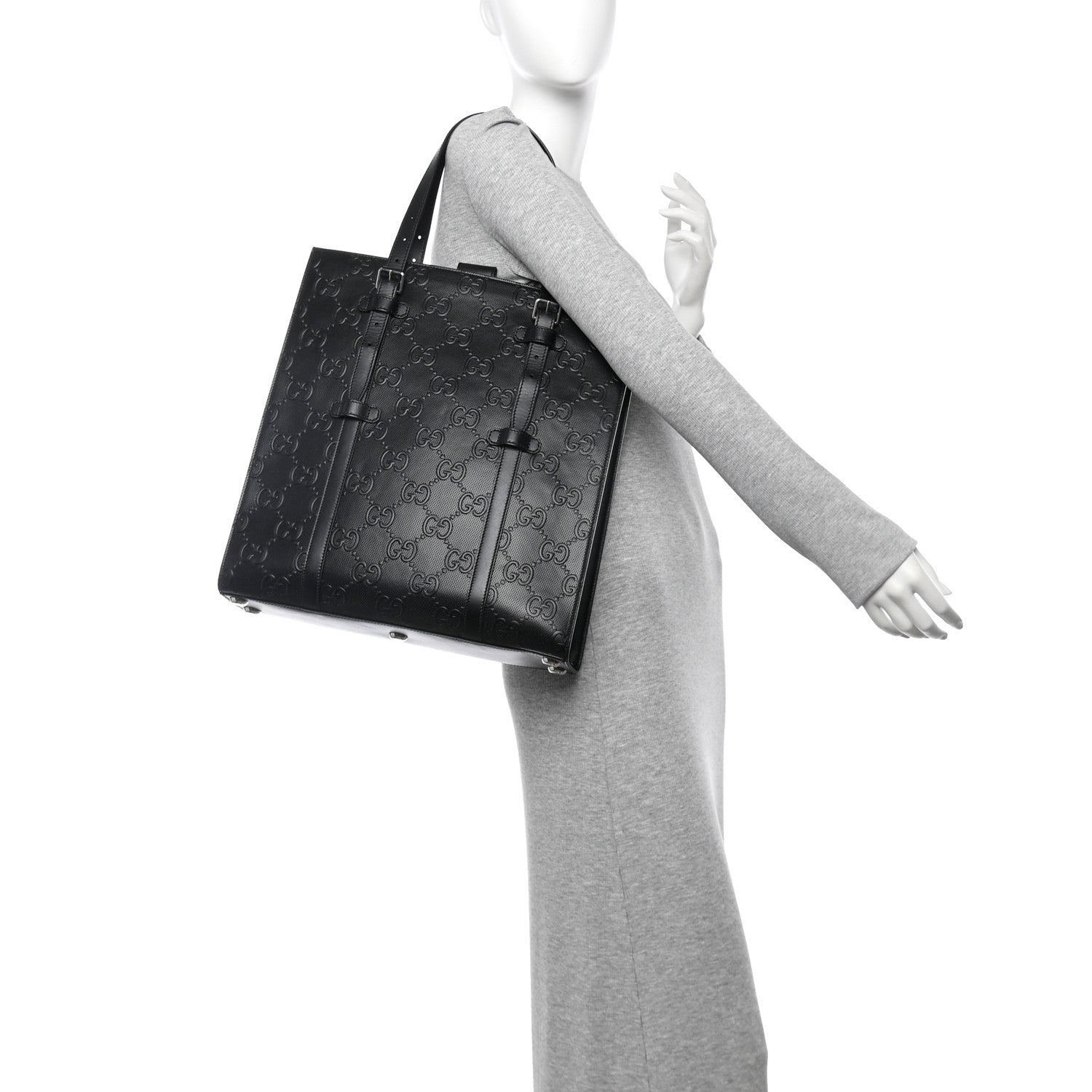 Gucci Calfskin GG Tennis Embossed Medium Tote Bag Black 2 of 11