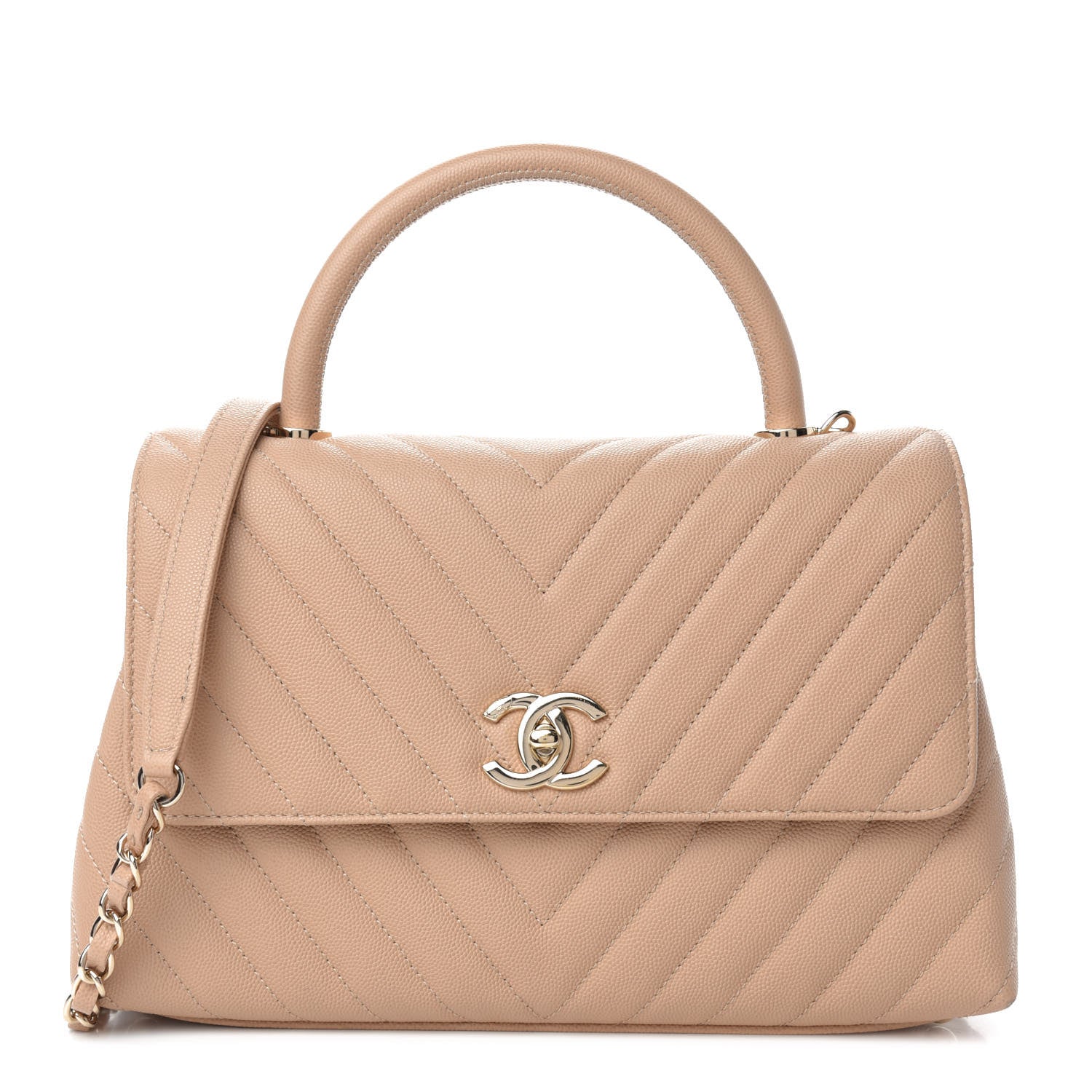 Chanel Caviar Chevron Quilted Small Coco Handle Flap Beige 1 of 11