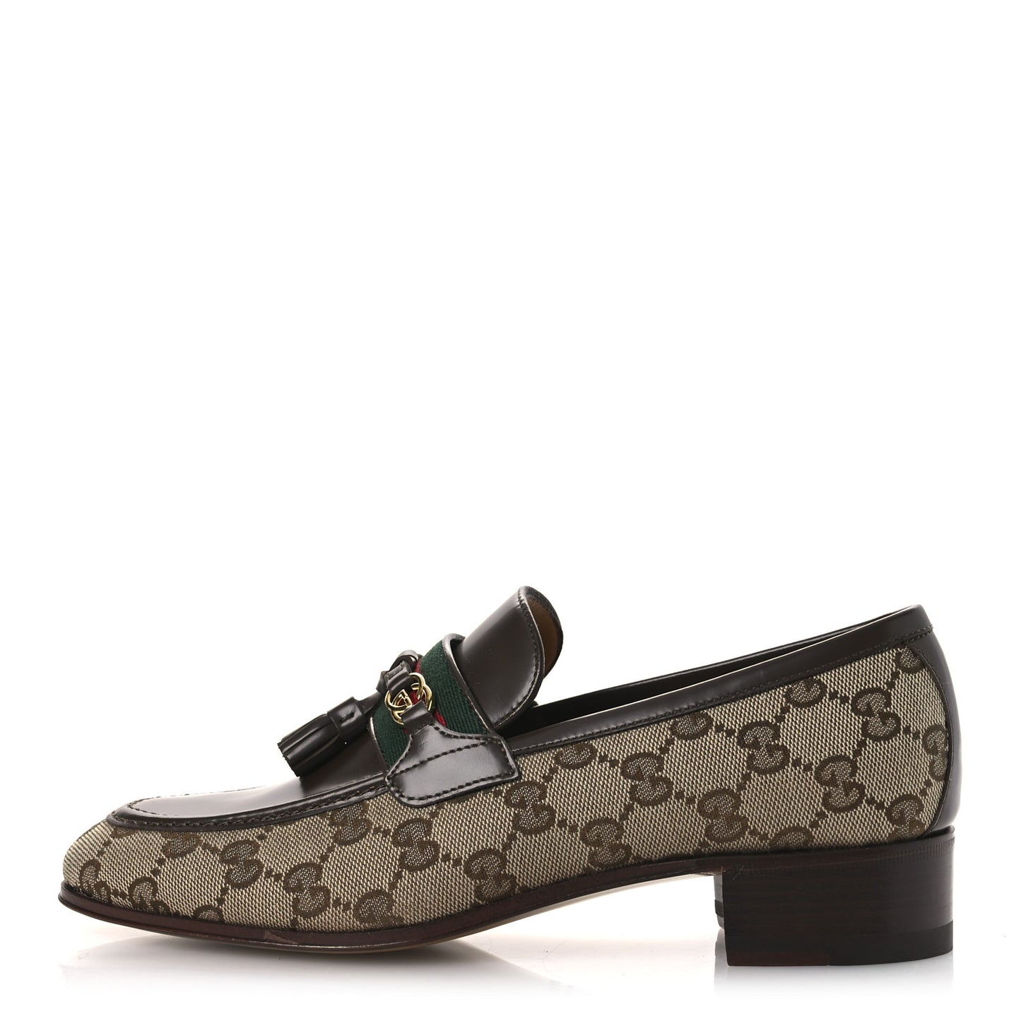 Monogram Calfskin Web Womens Tassel Loafers 37 Beige Brown
