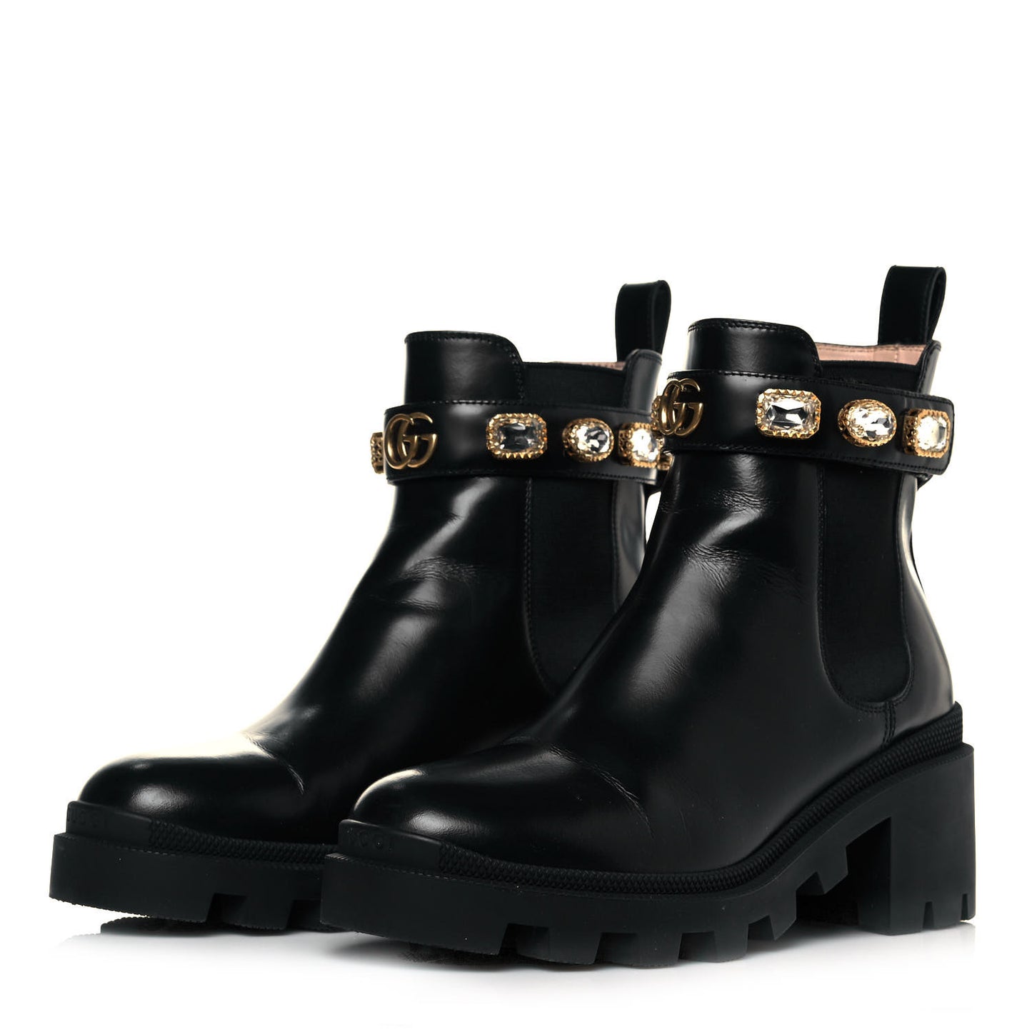 Calfskin Crystal GG Trip Chelsea Ankle Boots 37 Black