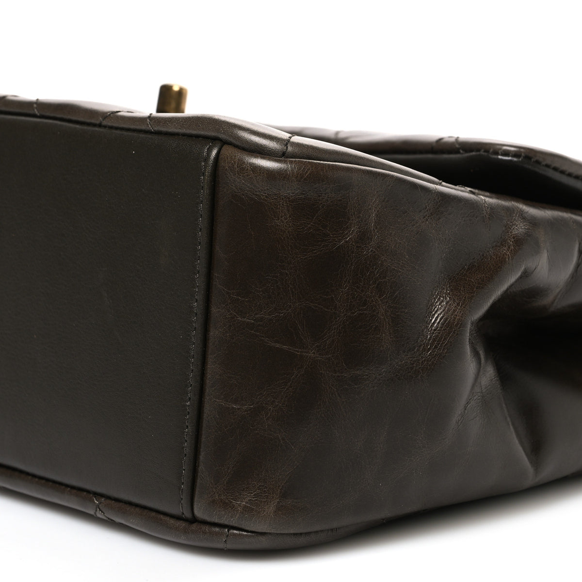 Glazed Calfskin Quilted Large Gold Bar Top Handle Flap Dark Grey