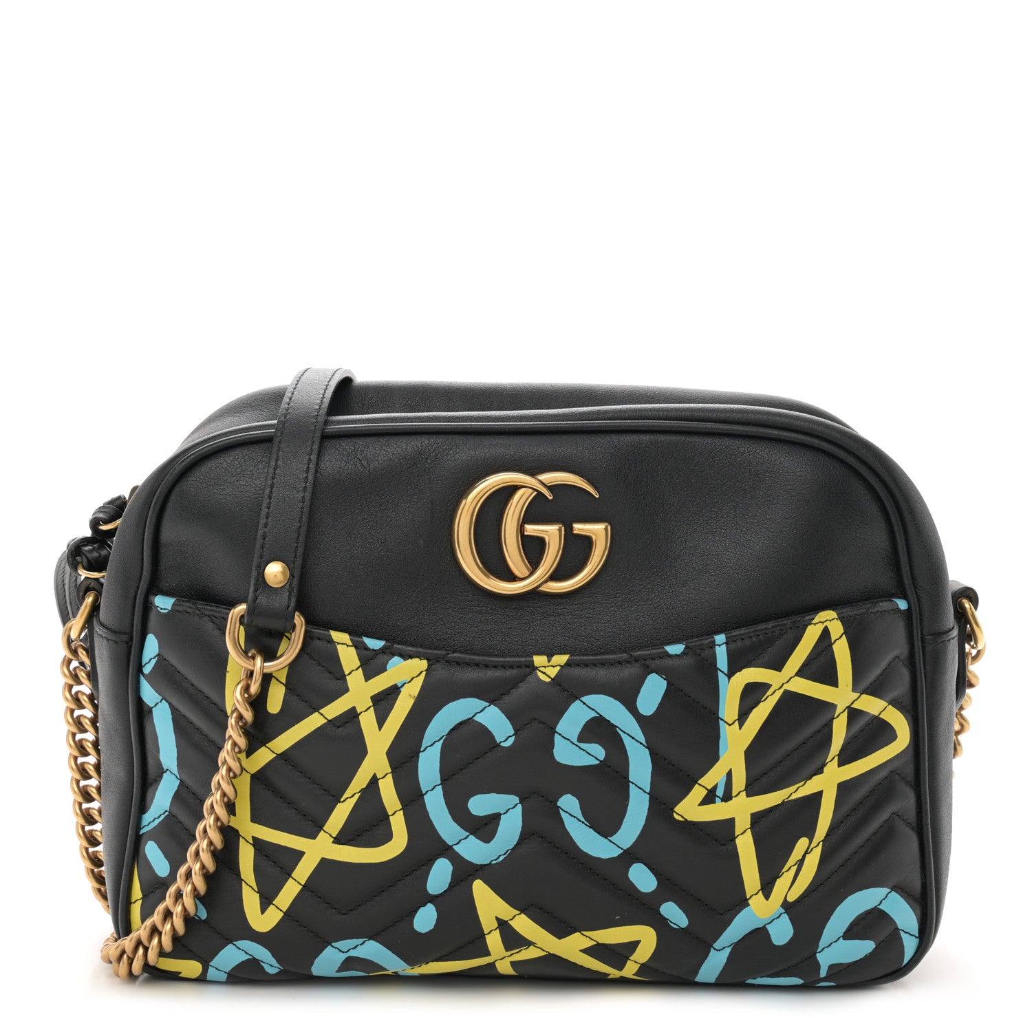 Gucci Calfskin Matelasse GucciGhost Medium GG Marmont Chain Shoulder Bag Black New Acquamarine 1 of 16
