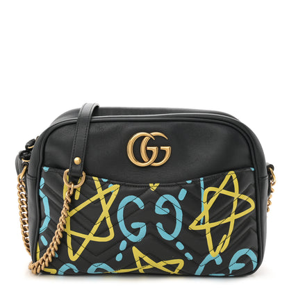 Gucci Calfskin Matelasse GucciGhost Medium GG Marmont Chain Shoulder Bag Black New Acquamarine 1 of 16