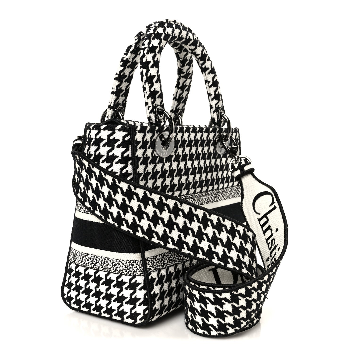 Christian Dior Canvas Houndstooth Embroidered Medium Lady D-Lite