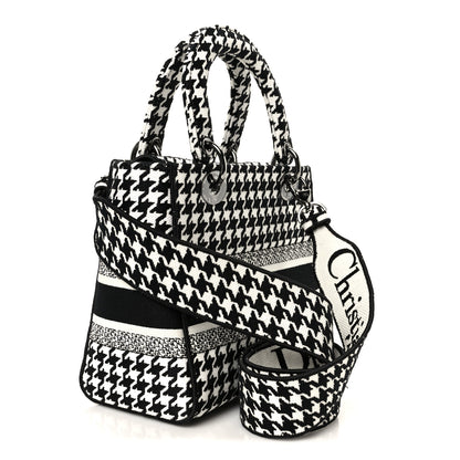 Christian Dior Canvas Houndstooth Embroidered Medium Lady D-Lite Black White 3 of 10