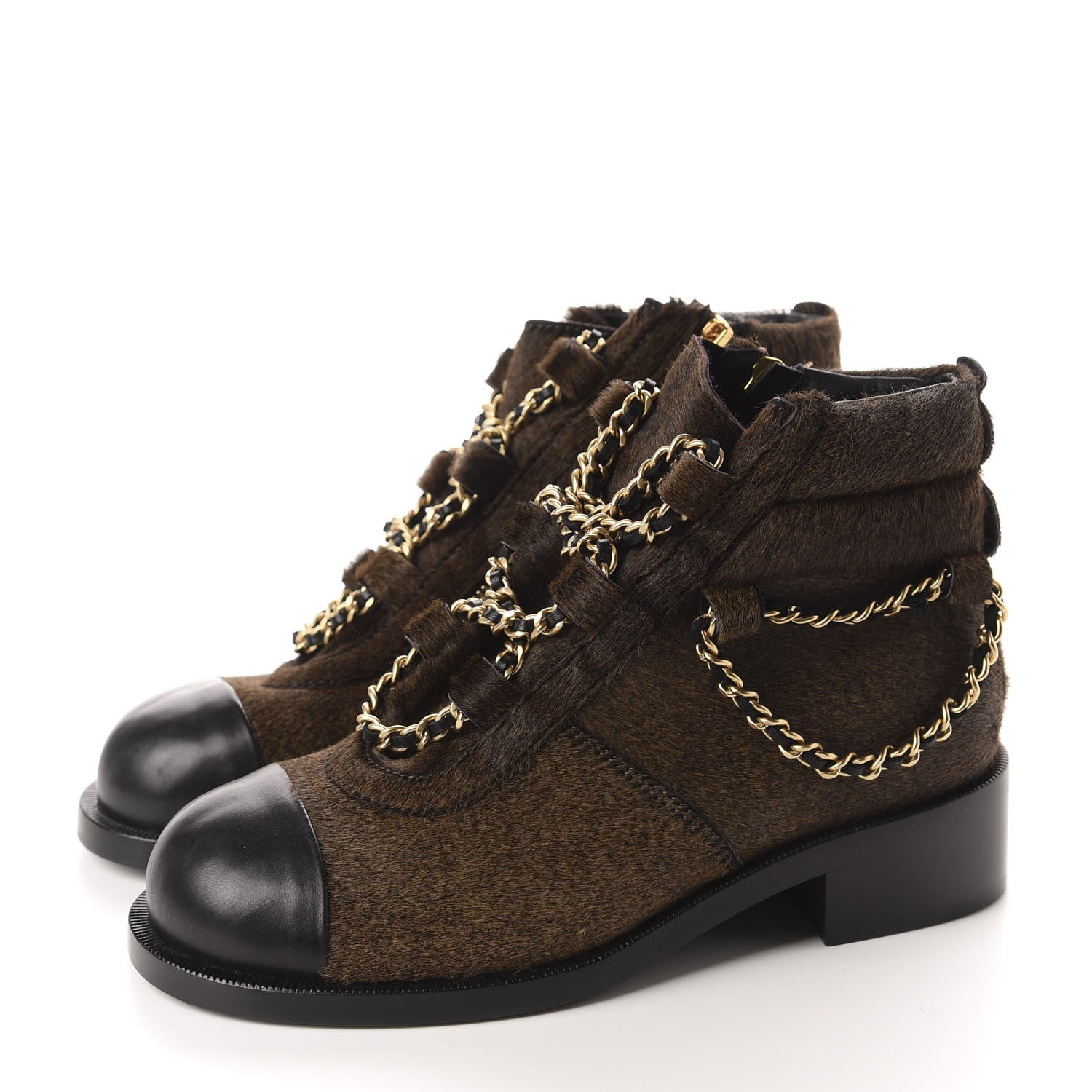 Chanel Calfskin Pony Hair CC Charm Chain Cap Toe Short Boots 36.5 Brown Black 3 of 9